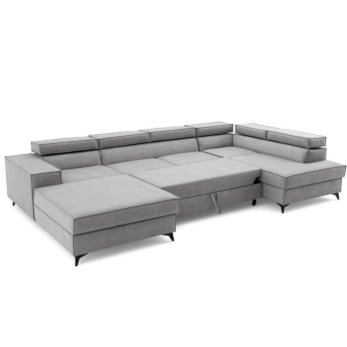 ECKSOFA PURE U Rechts mit Schlaffunktion 127x270 Velours Hellgrau - Hellgrau/Schwarz, Holz/Textil (204/340cm) - Muffo