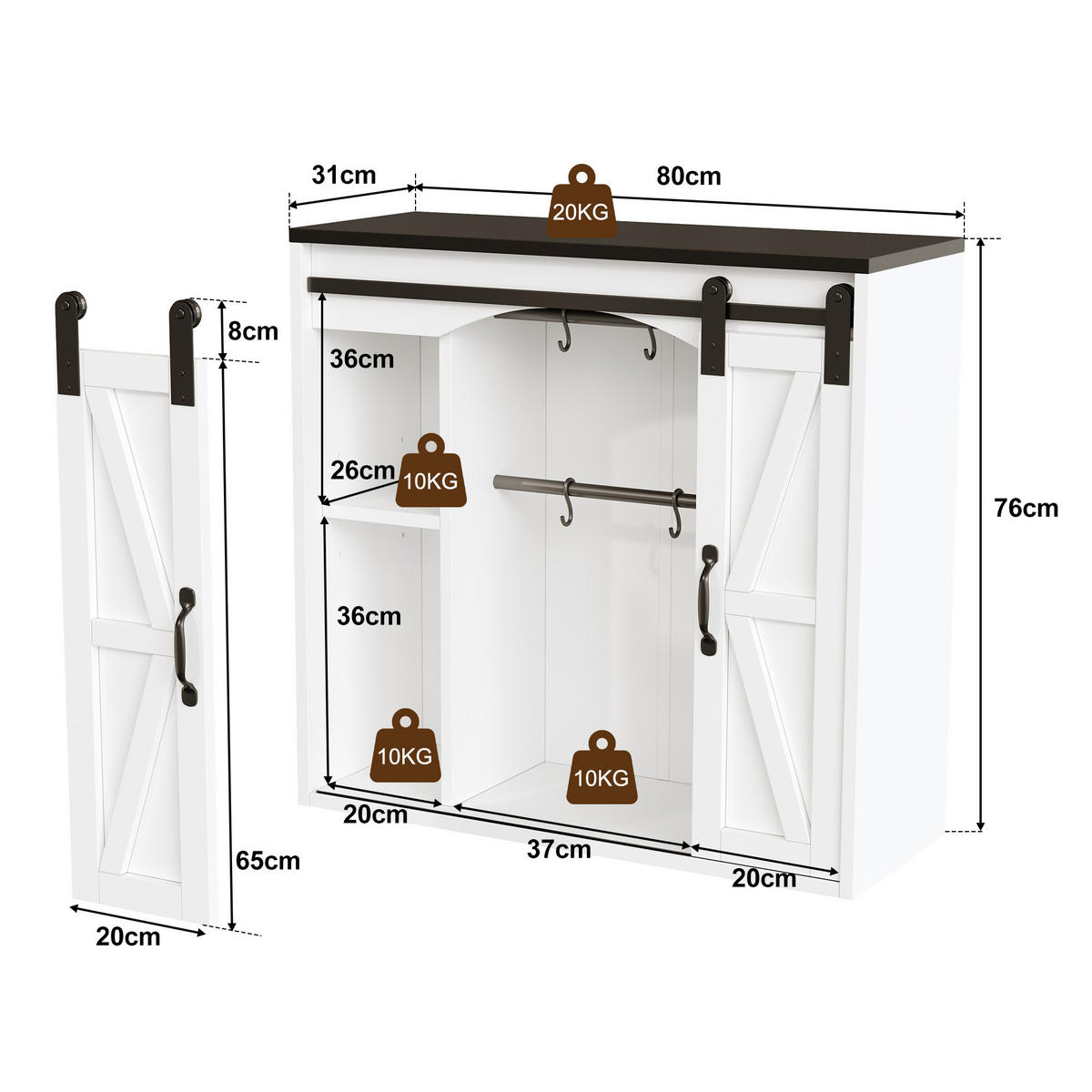 HÄNGESCHRANK DE-38760 80/31/76 cm 2 Schiebetüren und verstellbare Böden Weiß - Weiß, Holzwerkstoff (80/76/31cm) - ComfortXL