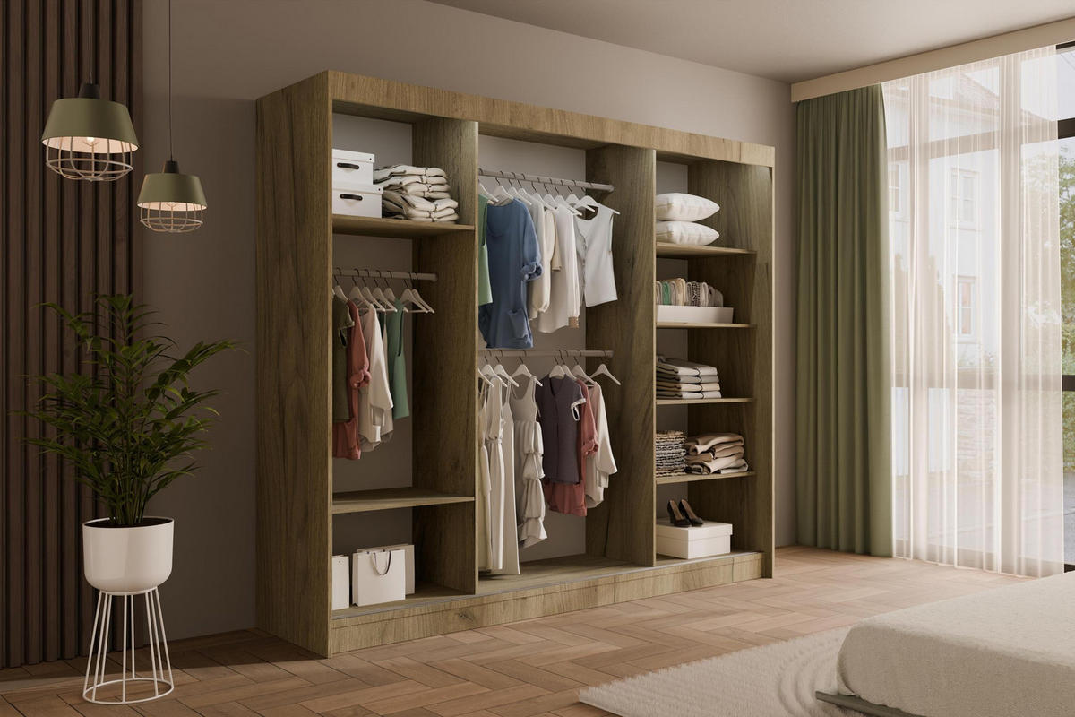 KLEIDERSCHRANK mit LED, Lamel-Schiebetüren VILANv2 - 250 cm Eiche Kraft + Lamelle Eiche Wotan - Hellbraun/Eiche Wotan, Holzwerkstoff (250/215/61cm) - ALTDECOR