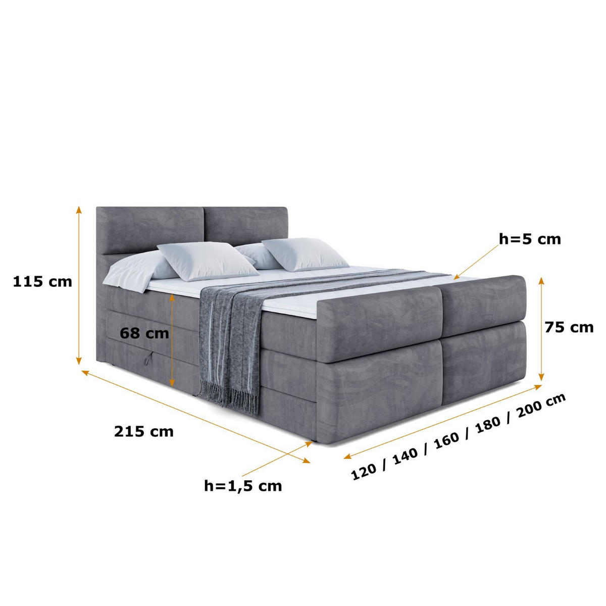 BOXSPRINGBETT BOXI3-Z KING - 120x200 - H3/H4 - Dunkelgrau - Dunkelgrau, Holzwerkstoff (120/200cm) - ALTDECOR