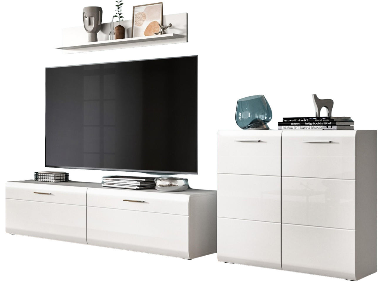 WOHNWAND weiß Hochglanz 3-teilig 255 cm, Schrankwand modernes Design - Weiß Hochglanz/Silberfarben, Glas/Holzwerkstoff (255/160/41cm) - Inn.Furn