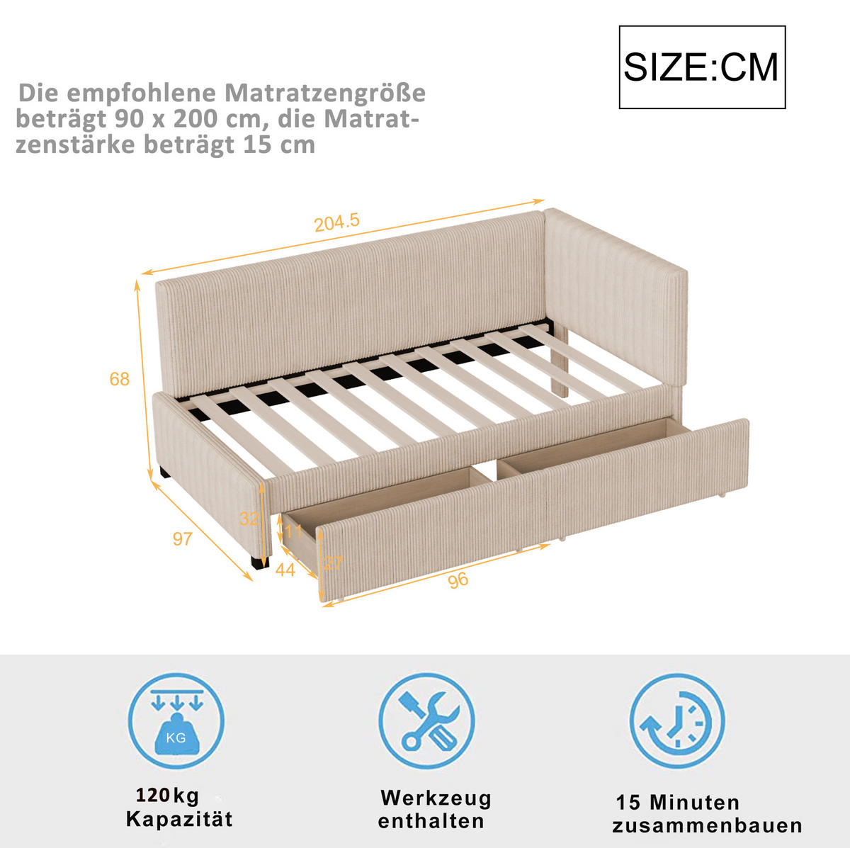 ČALÚNENÁ posteľ 90x200 cm s lamelovým roštom a 2 zásuvkami na úložný priestor, zamatová, Béžová - béžová, textil (90/200cm) - Redom