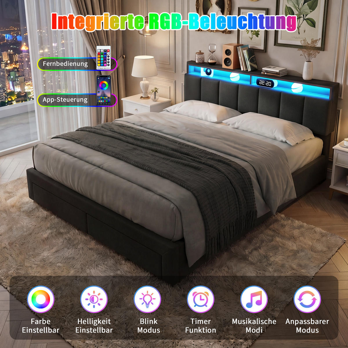 STAURAUMBETT 180x200 cm, Kopfteil mit Stauraum, LED-Beleuchtung, Leinenstoff, in Grau - Grau, Holz (180/200cm) - BRILVERDE