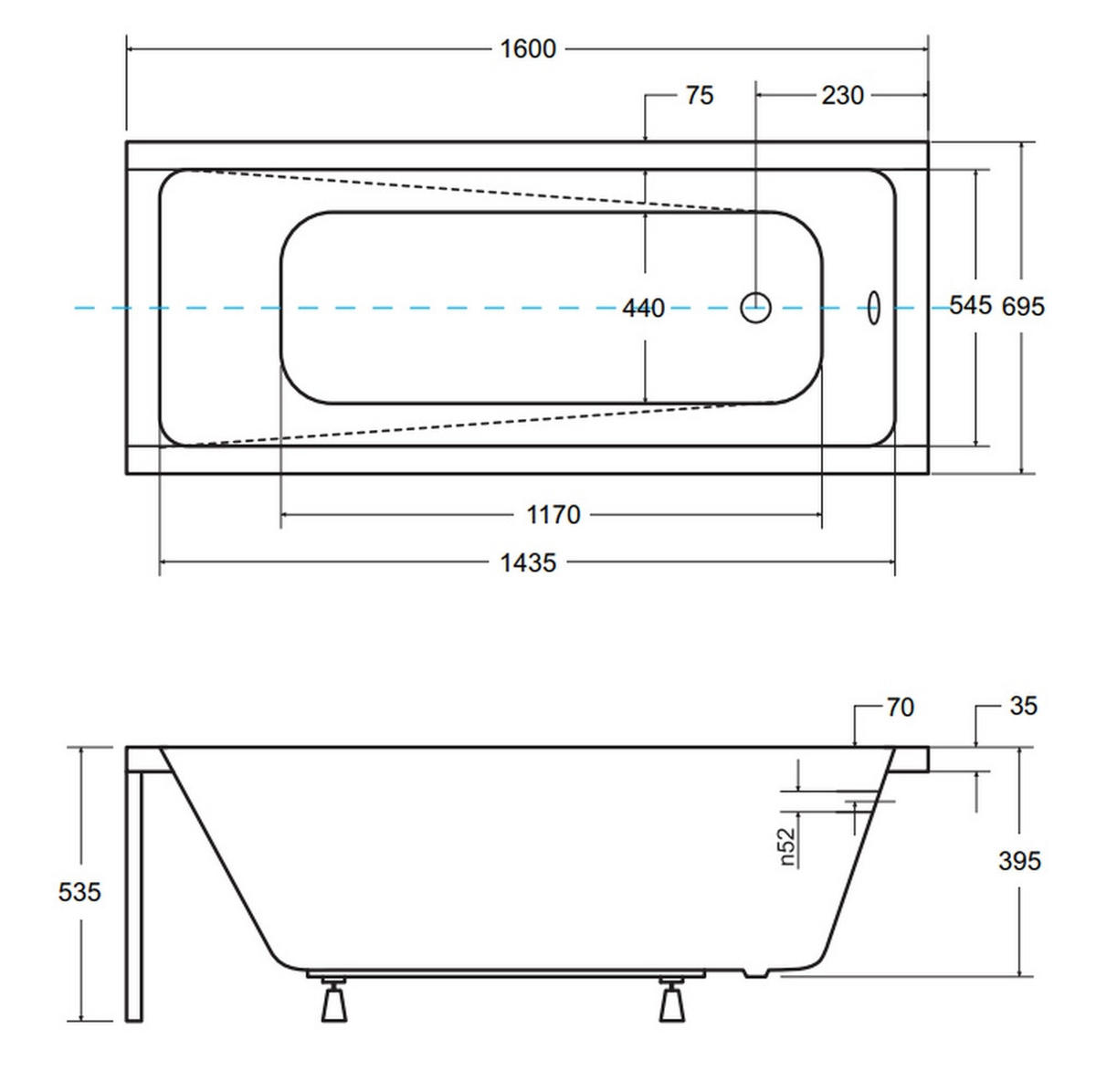 BADEWANNE Rechteck MODERN 160/70 + Kopfstütze Ablauf Füße - Weiß, Kunststoff (70/53.5/160cm) - bad land