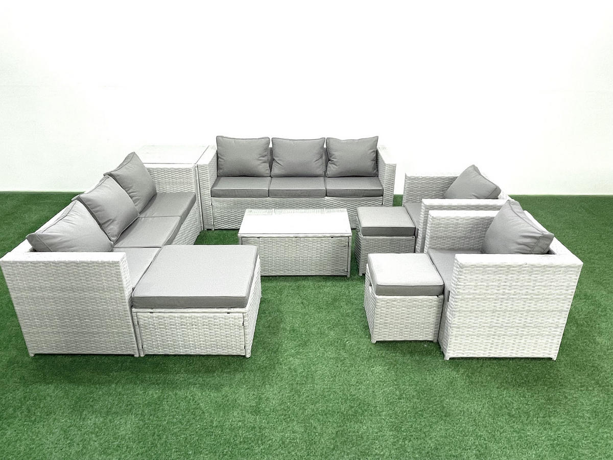 GARTENGARNITUR mit 3-SITZER SOFA,COUCHTISCH Polyrattan Hellgrau-Mix 11-Sitzer - Hellgrau/Grau, Glas/Kunststoff - Fimous