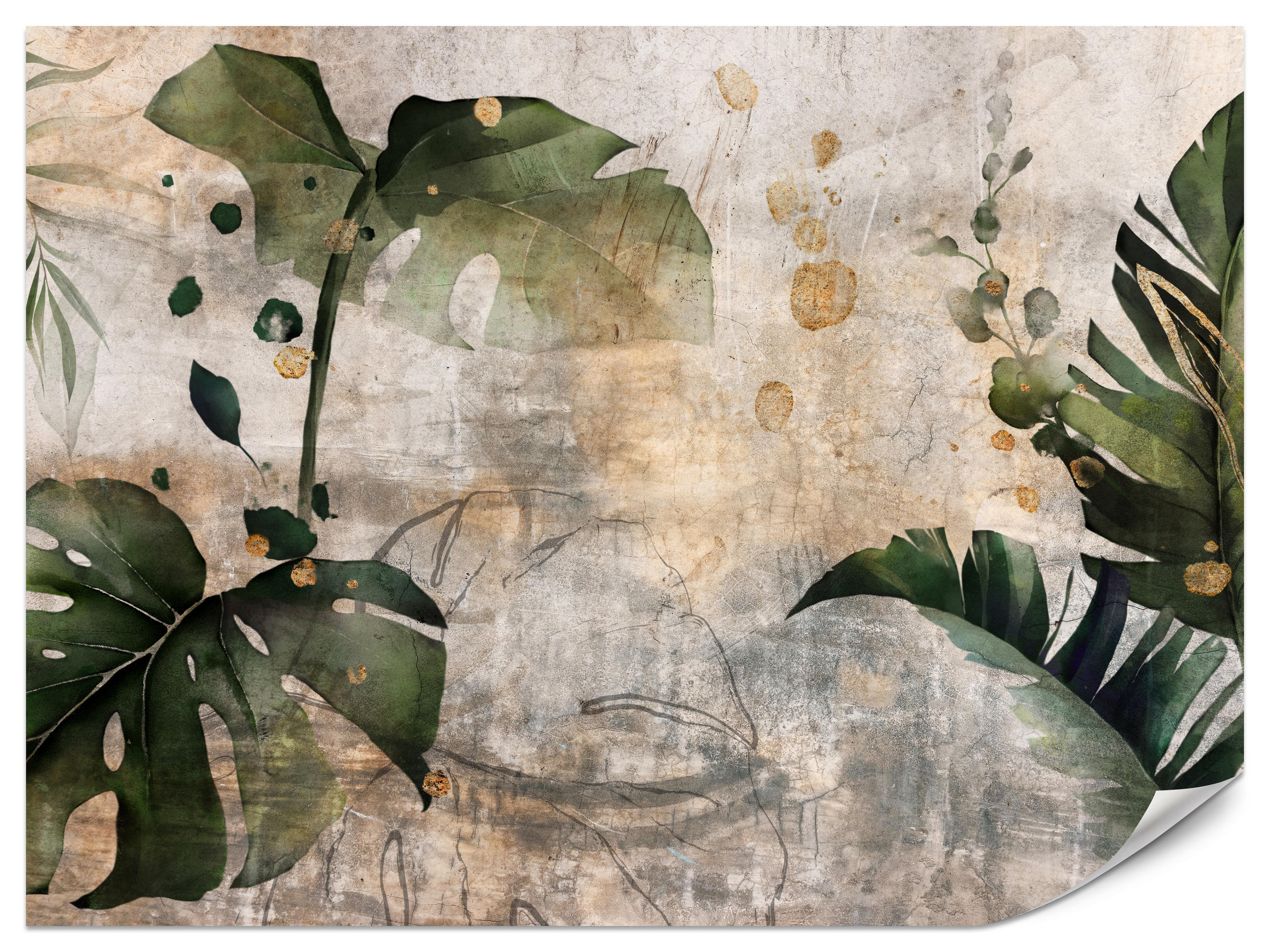 FOTOTAPETE für Schlafzimmer Tropisch Monstera Aquarell Retro 300x210 - Beige/Orange, Papier (300/210cm) - Muralo