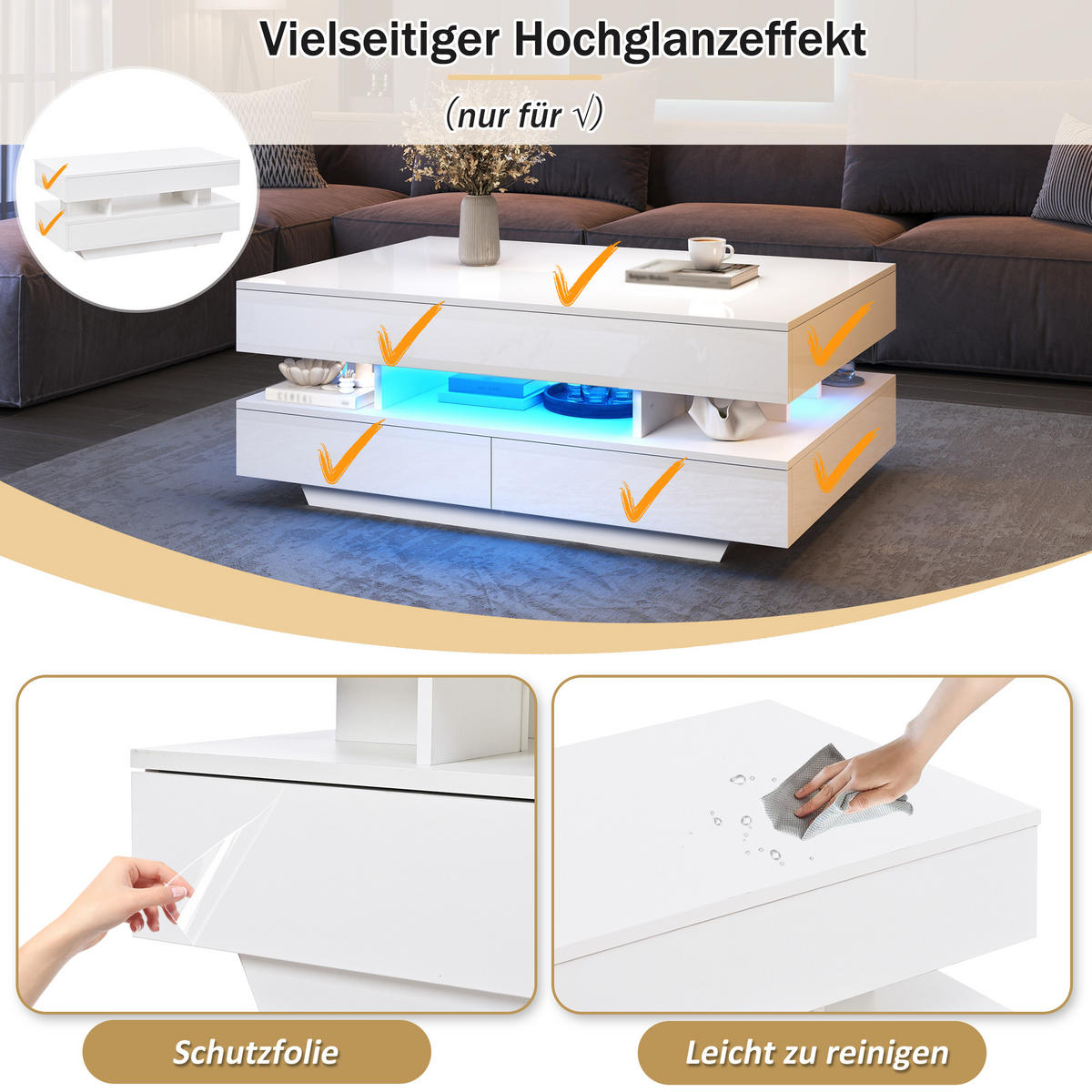 COUCHTISCH in Weiß Höhenverstellbarer Wohnzimmertisch mit LED & Stauraum, Lift-Top bis 58,5cm, 100/50/45cm - Weiß, Holzwerkstoff/Metall (50/100/45cm) - STILVORA