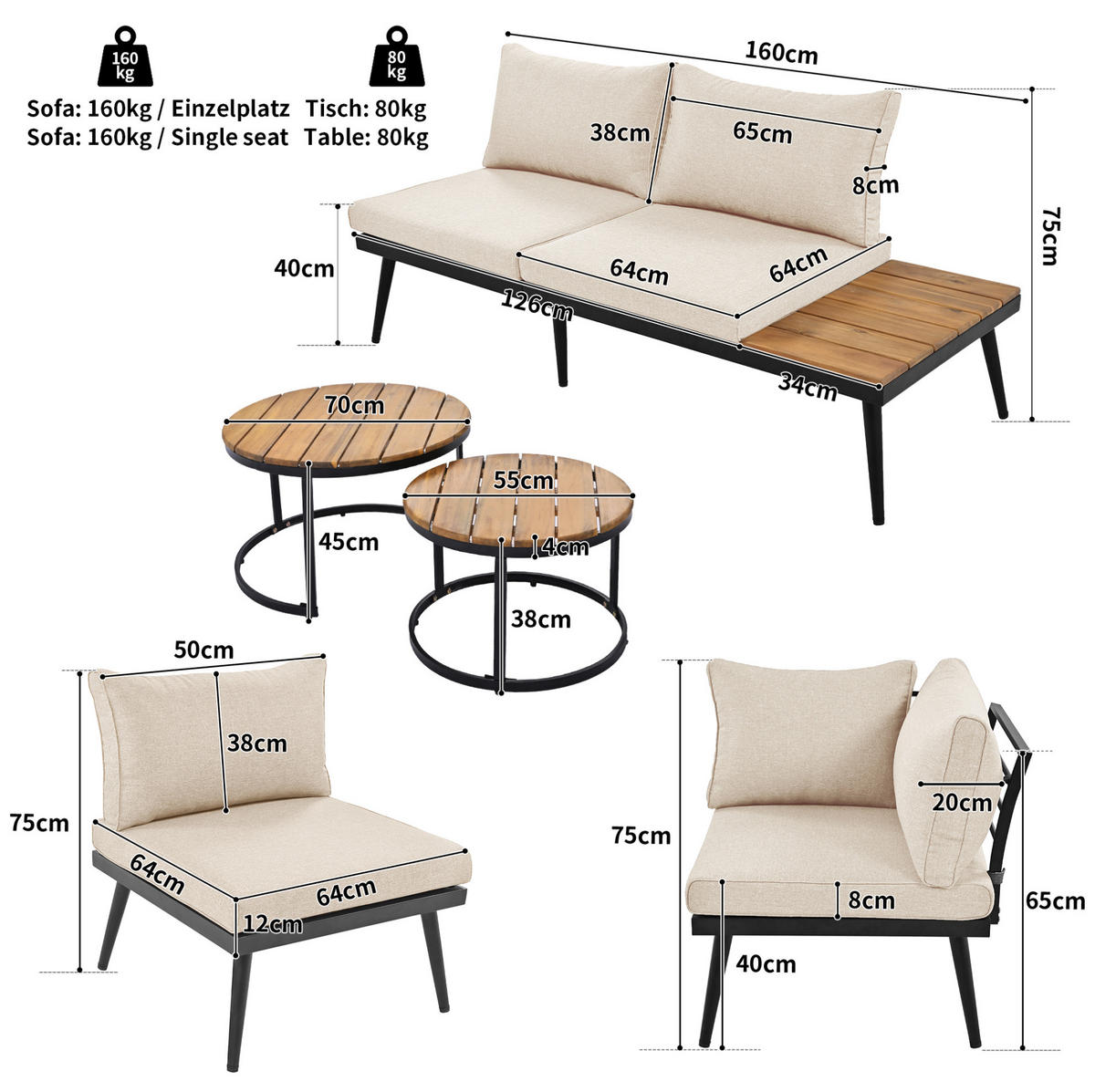 GARTEN-LOUNGESET 160/64/75 cm, 6-teilig mit modularer Stellvariante, Kissen und verzinktem Eisen, Beige - Beige, Metall - Redom