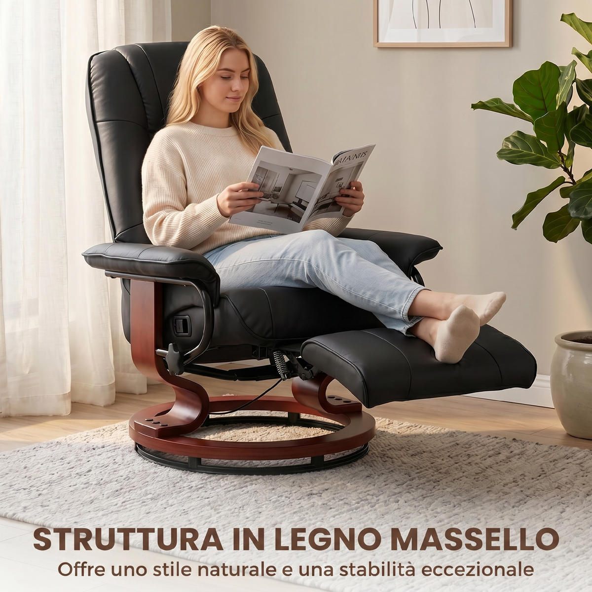 RELAXSESSEL,MANUELL verstellbare Lehne Kunstleder Fußstütze,schwarz - Schwarz, Leder (78/100/87cm) - Vallsero