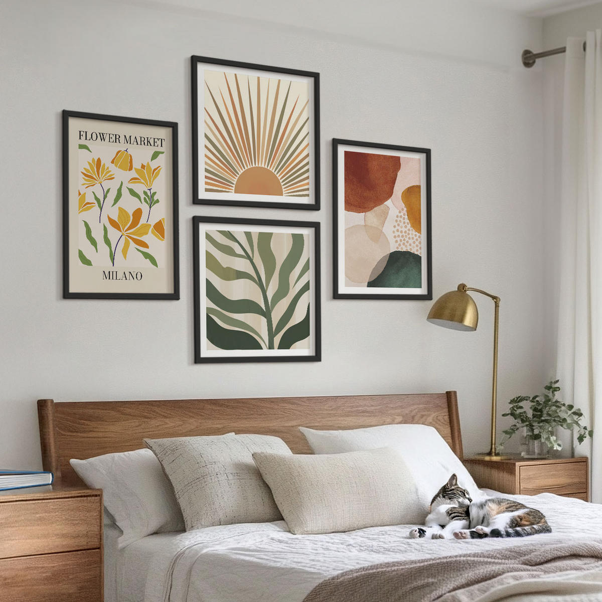BILDER SET 4er Set - 50x50 cm & 40x60 cm Schwarzer Rahmen - Abstrakte Blumenmotive - Schwarz, Kunststoff (50/50cm) - TULUP
