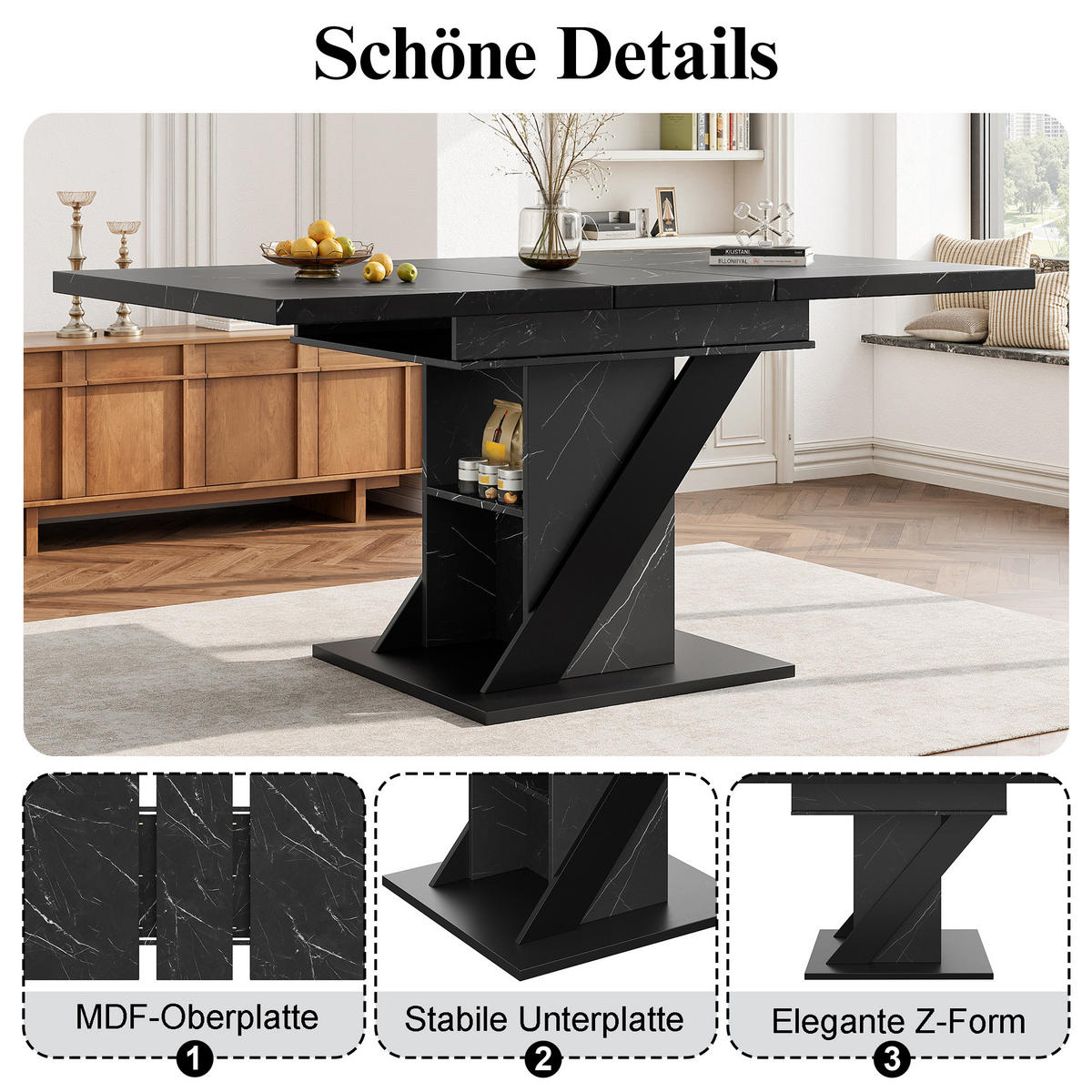 ESSTISCH Teleskop 110-140x80Cm Marmoroptik Schwarz - Schwarz, Holzwerkstoff (80/110/75cm) - FLIEKS