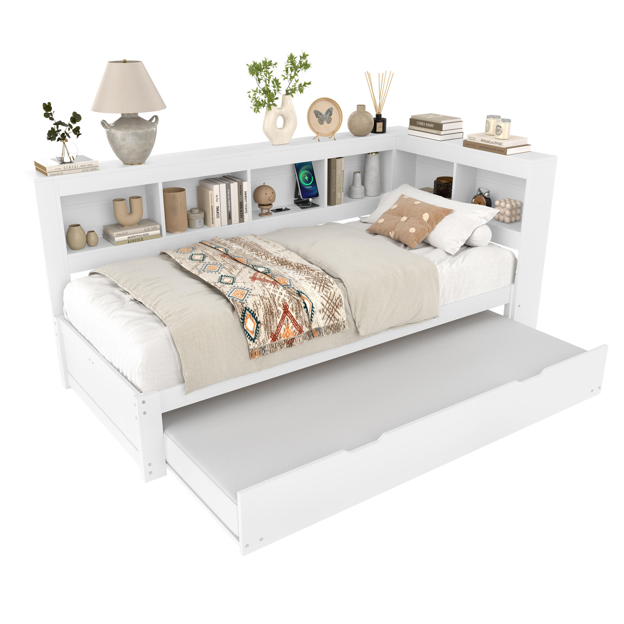 MULTIFUNKTIONSBETT 90/200 cm mit ausziehbarem Rollbett und 2 USB-Anschlüssen Weiß - Weiß, Holz - OKWISH