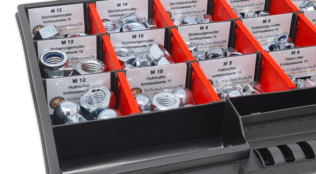 MUTTERN Sortiment M4-M5-M6-M8-M10-M12 554 tlg. Schraubenbox - Zinkfarben, Metall (3.5cm) - Schraubenbox24