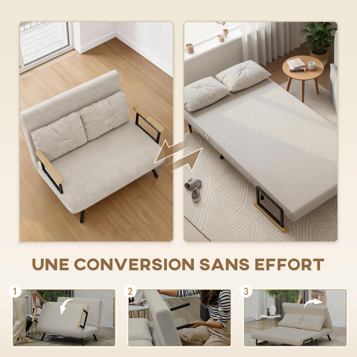 SCHLAFSOFA 2er-Sitz DE-14558 5-fach verstellbar mit Veloursbezug Beige - Beige, Metall (102/81/73cm) - ComfortXL