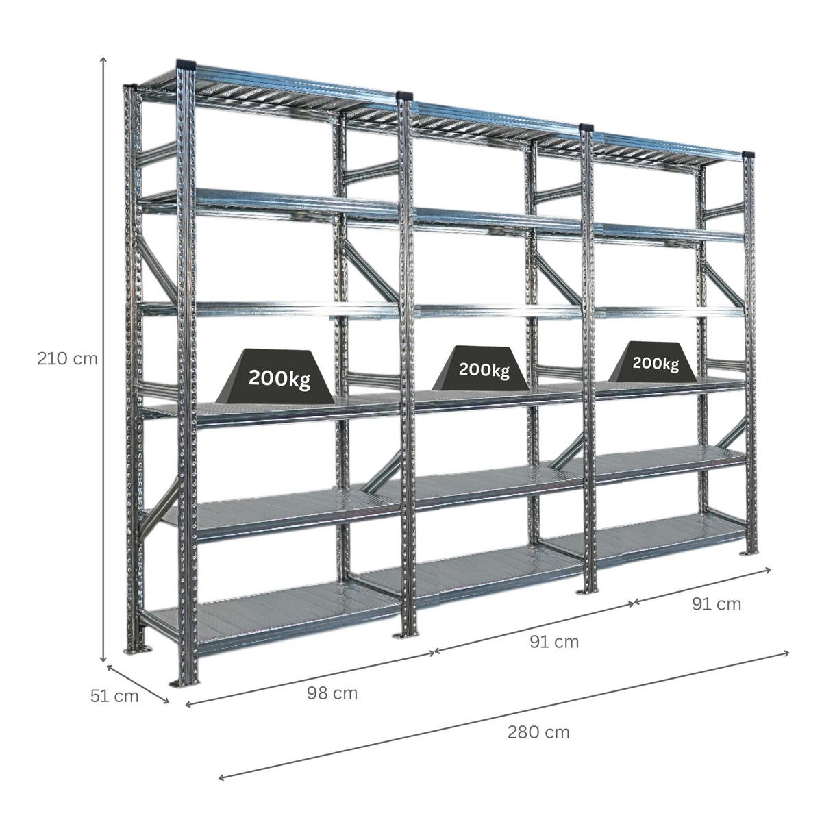 FACHBODENREGAL Proximo Stecksystem 210x270x50cm 6 Ebenen Beidseitig nutzbar Verzinkt - Silberfarben, Metall (270/210/50cm) - PROREGAL