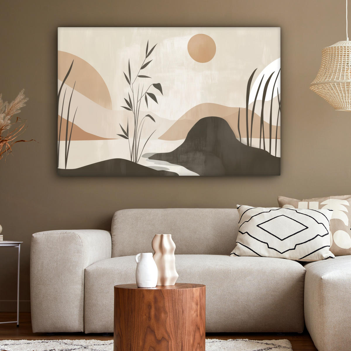 LEINWANDBILD Japandi - Landschaft - Beige XXL 150x100 cm - Cognac, Textil (150/100cm) - MuchoWow