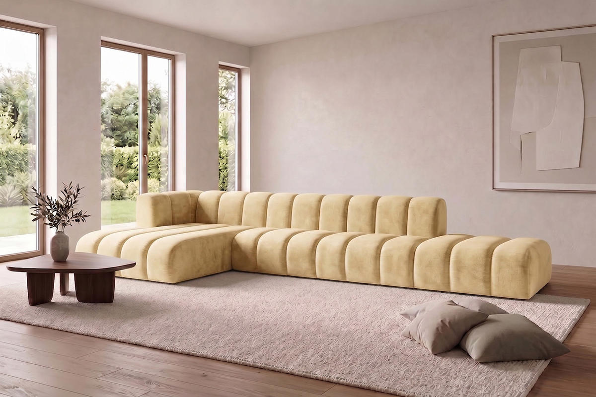 ECKSOFA Modulares In L-Form Mit Hocker, Velvet-Stoff Riviera, Buttergelb, Links, GRAND - Hellgelb, Holz (386/179cm) - Kaiser Möbel