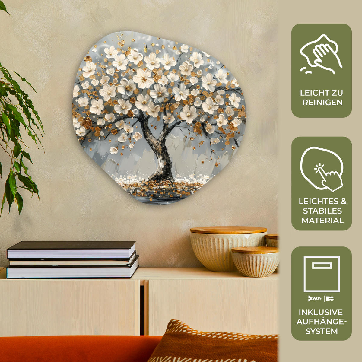 WANDBILD Baum - Gold - Blumen - Abstrakt - Kunst 60x60 cm - Goldfarben, Kunststoff (60/60cm) - MuchoWow