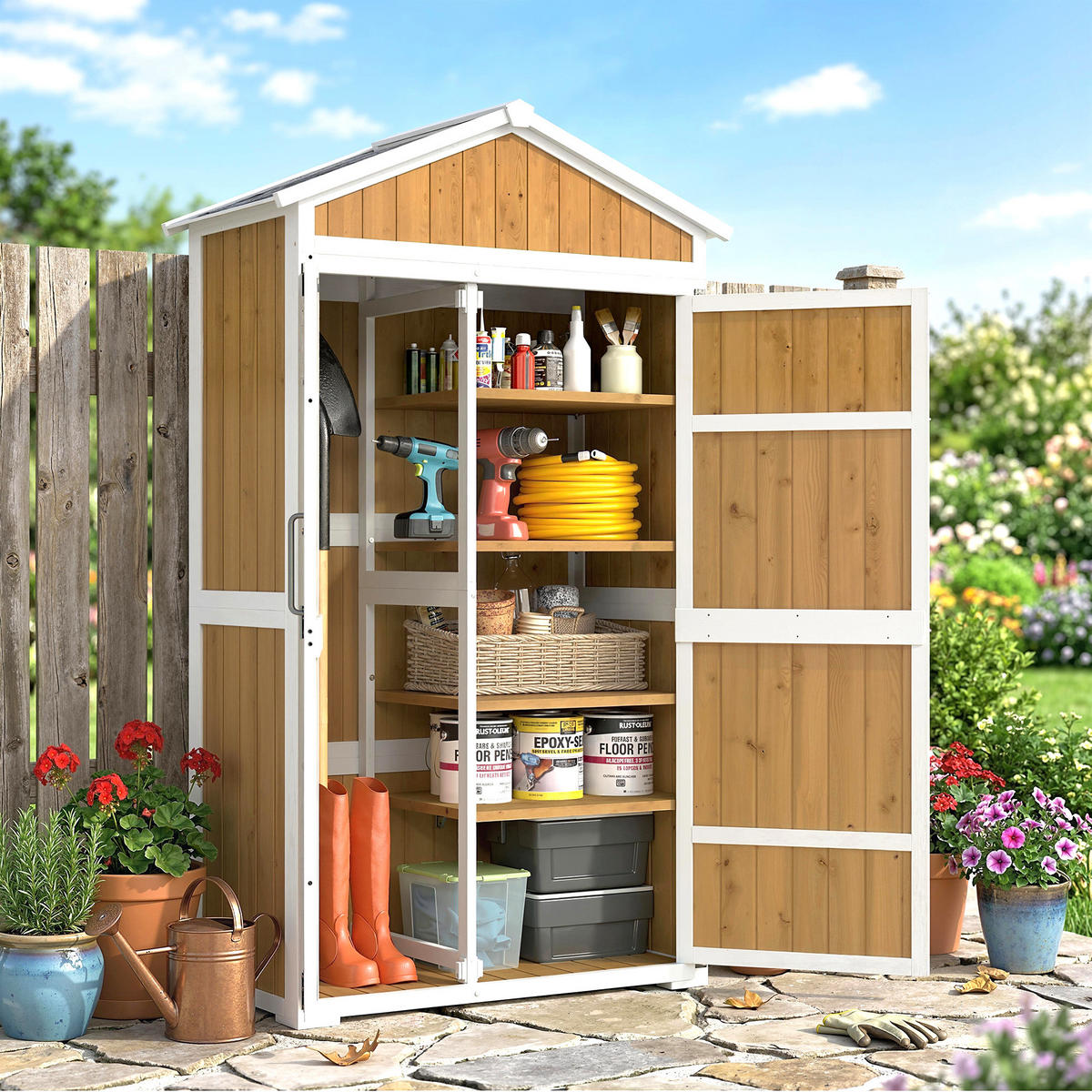 GERÄTESCHUPPEN DE-17624 4 abnehmbare Böden mit Metalldach Naturholz - Naturfarben, Holz (105/179/55cm) - ComfortXL