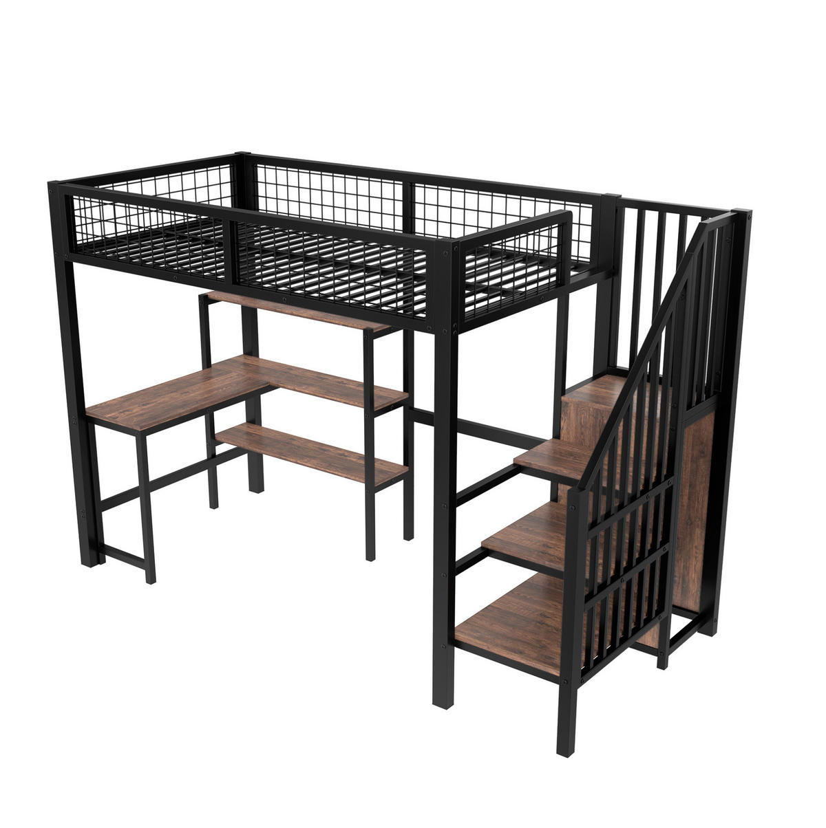 HOCHBETT 90/200 cm mit Schreibtisch, Regalen und Kleiderschrank aus Metall und MDF, Schwarz/Braun - Schwarz, Holzwerkstoff (90/200cm) - Redom