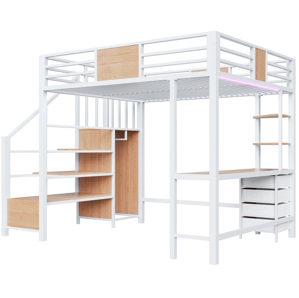 HOCHBETT 140/200 cm Weiß mit Schreibtisch, LED und Steckdose - Weiß, Metall (140/200cm) - MIVRAY
