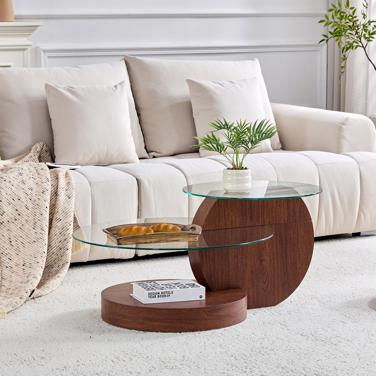 COUCHTISCH aus MDF und Glas Ø50/70 cm in Walnuss mit Ablage - Walnussfarben, Glas (90/90/44cm) - Modfu