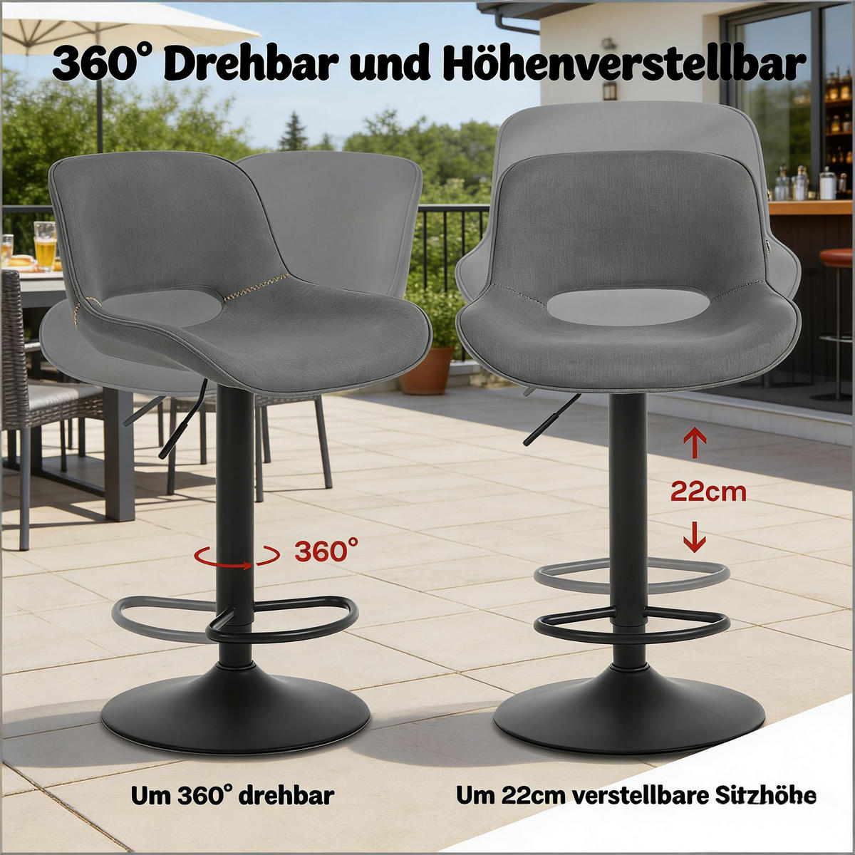 BARHOCKER 2er-Set Grau Drehbar Höhenverstellbar mit Leinenbezug - Grau, Metall (49/106/49cm) - PANGIVO