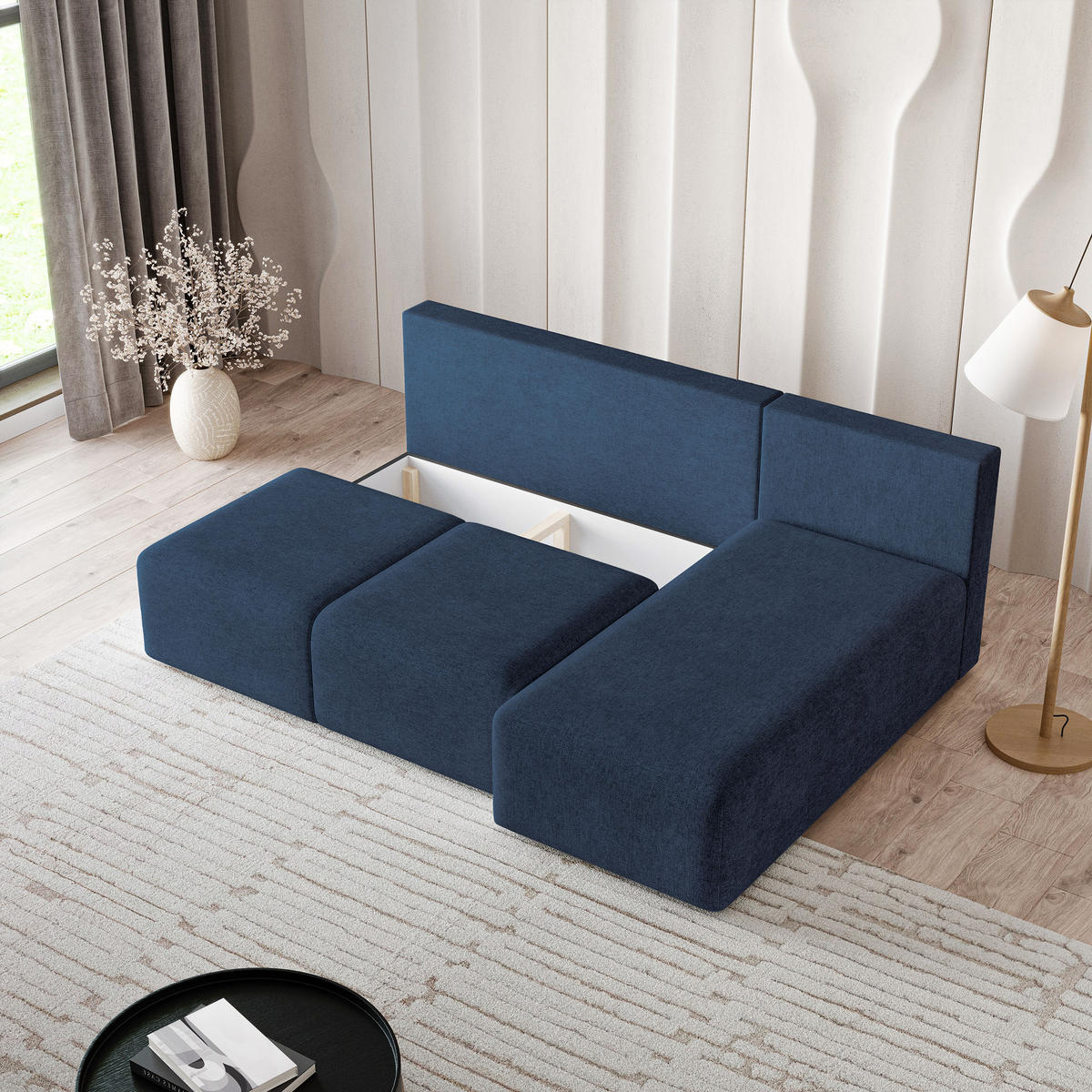 ECKSOFA TRAMA Blau Geflochtener Stoff mit Schlaffunktion - Blau, Holz (200/143cm) - MASSENO