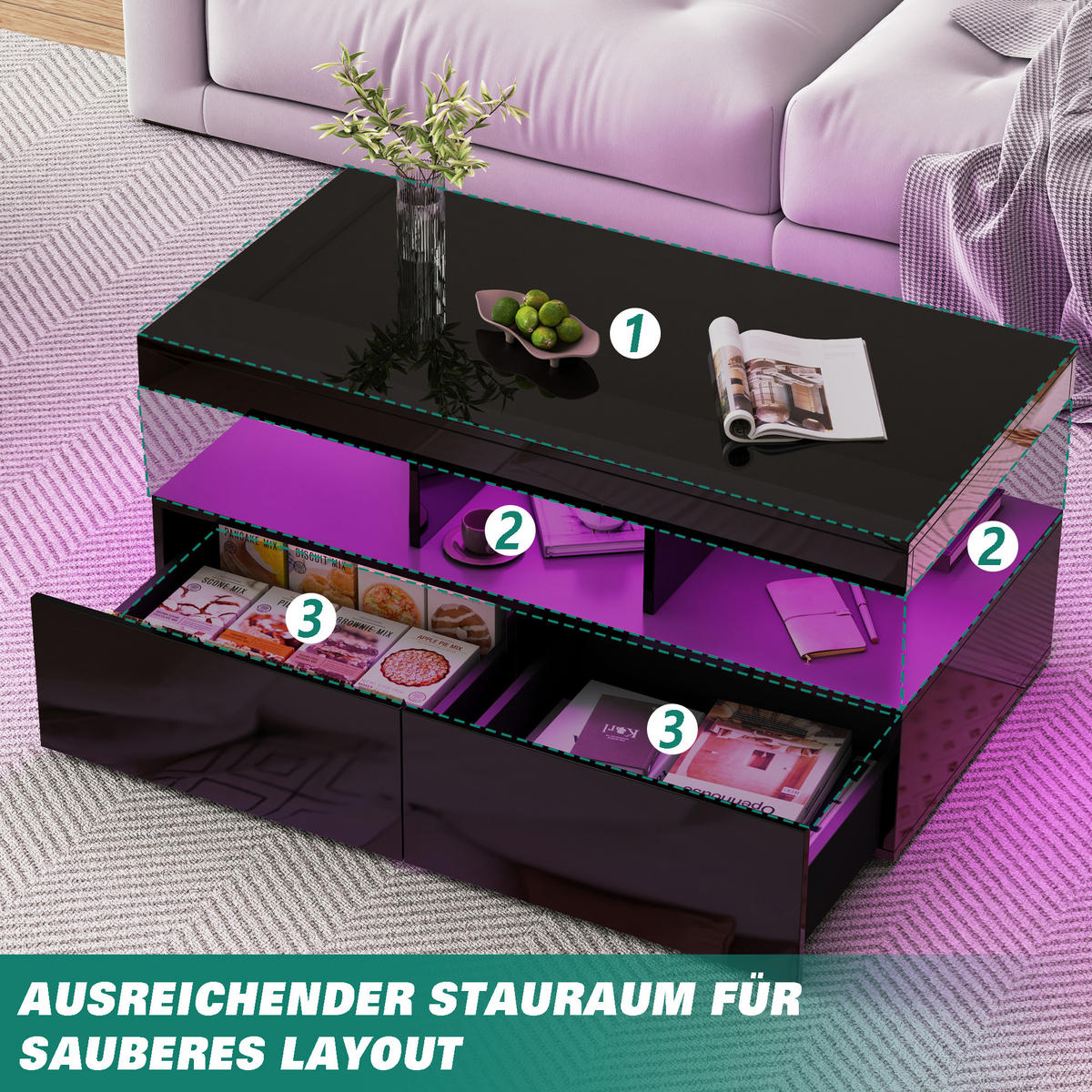 COUCHTISCH 104 x 53 x 46 cm, Wohnzimmertisch mit LED-Beleuchtung und Schubladen,Schwarz - Schwarz, Metall (104/53/46cm) - PARAFTA HOME