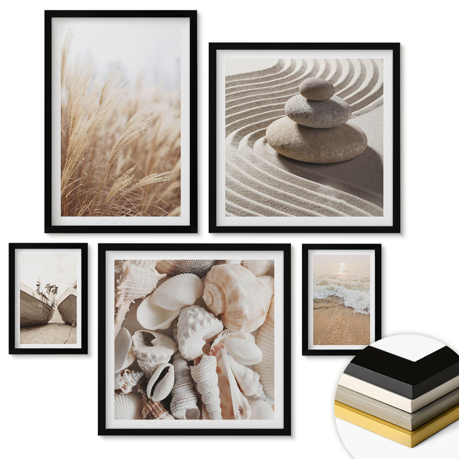 WANDBILDER 5er-Set - 50x50 cm & 20x30 cm & 40x60 cm Schwarzer Rahmen - Wolkenmeer, Traumfänger, Gras - Schwarz, Kunststoff (40/60cm) - ArtPrintCave
