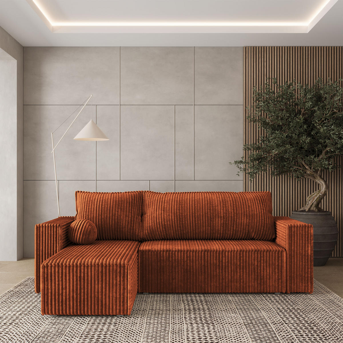 ROHOVÁ SEDAČKA RAVELO hnědá - šedá/hnědá, dřevo/textil (240/140cm) - MASSENO