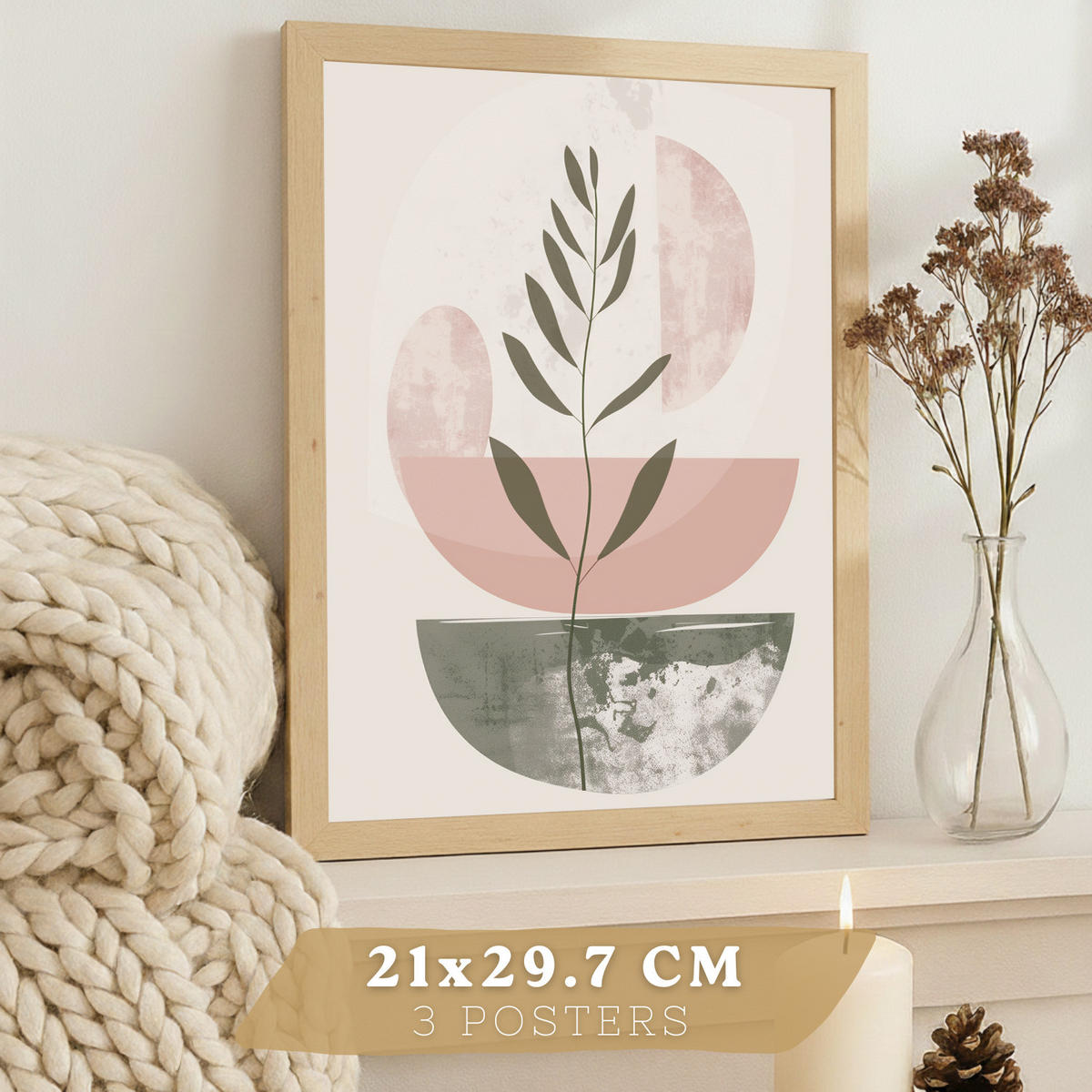 PLAKAT Sada 3 dekorativních nástěnných tisků, zelené a růžové tvary, pro moderní dekoraci obývacího, velikost Světlý dřevěný rám A4 - béžová, papír (21/29.7/3cm) - Nacnic
