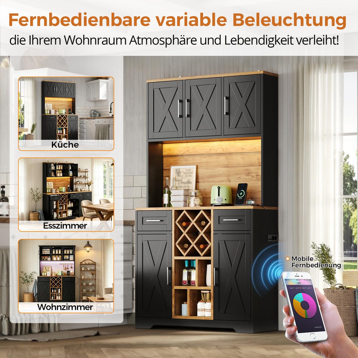 BUFFET DE-38734 105/40/180 cm LED-Beleuchtung und Weinregal Schwarz - Schwarz, Holzwerkstoff (105/180/40cm) - ComfortXL
