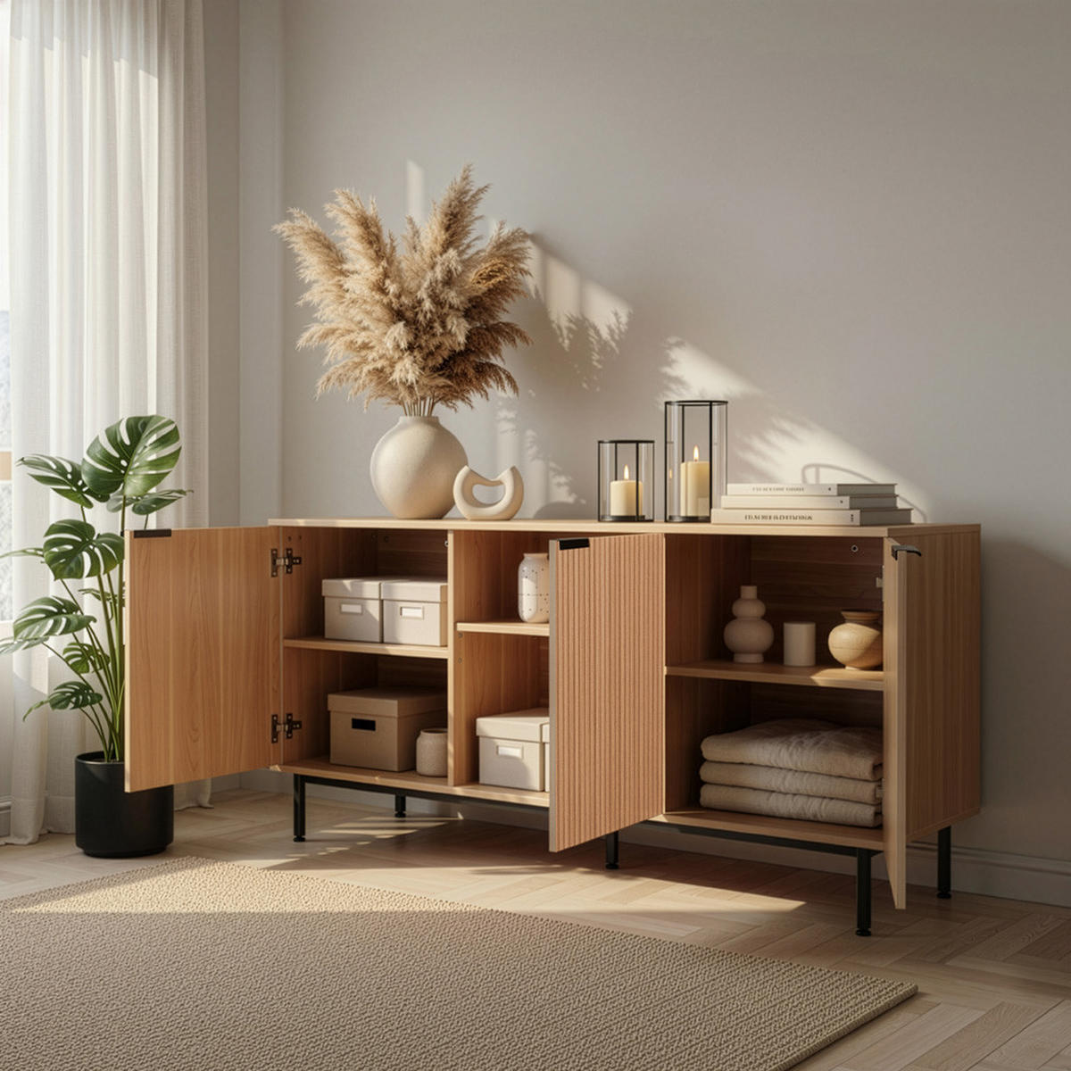 SIDEBOARD NYLA - Natur/Schwarz, 154 x 73 cm - Naturfarben, Holzwerkstoff (154/73/42cm) - Home Deluxe