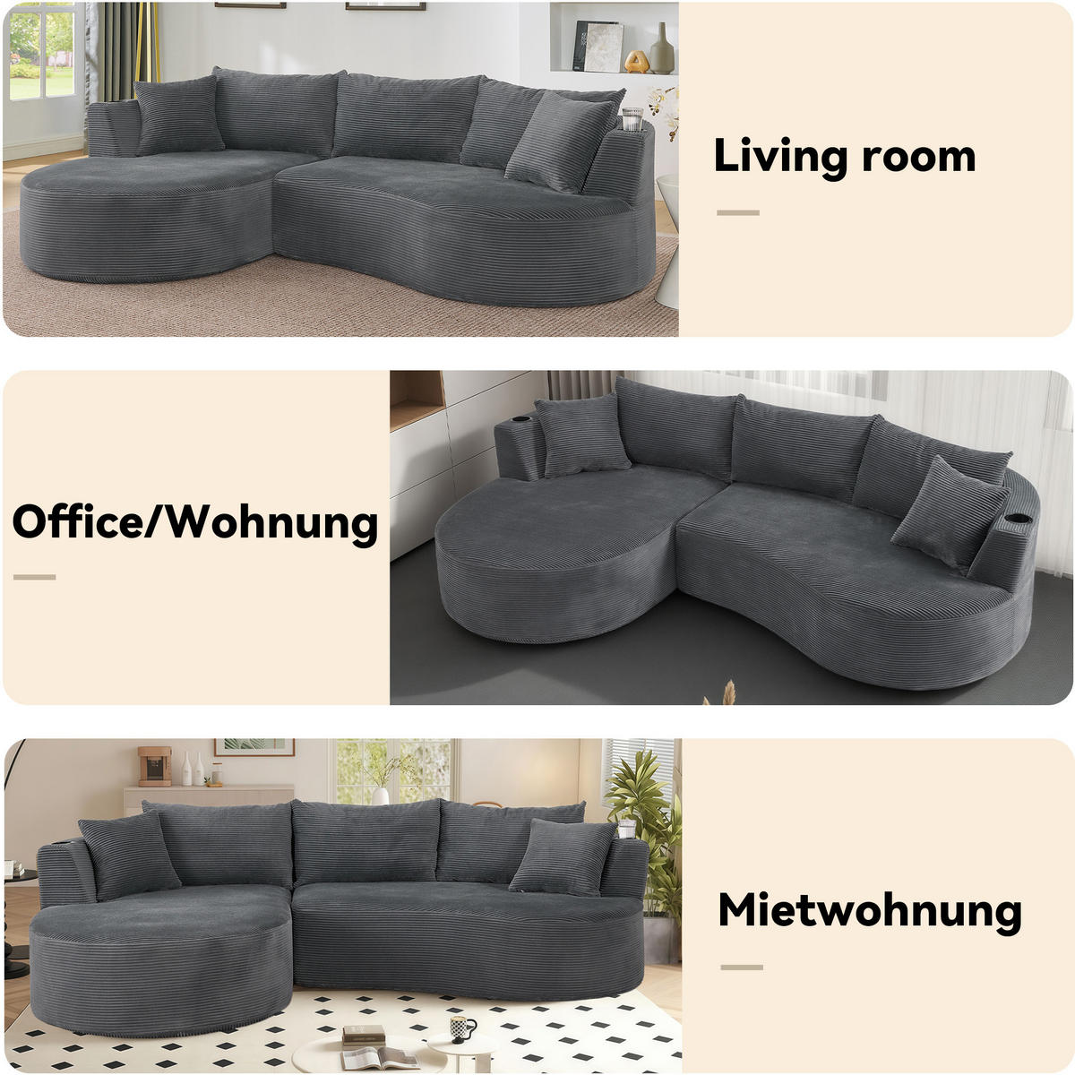 3-SITZER ECKSOFA Cord Grau mit Getränkehaltern und Kissen - Grau, Textil (264/168cm) - WISHDOR