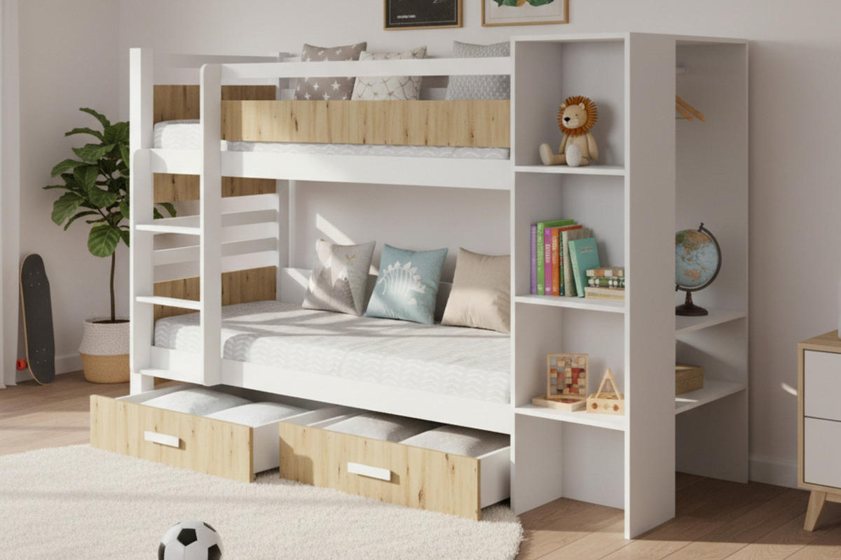 ETAGENBETT AGNES 90/200 Weiß/Eiche Artisan links - Eichefarben/Weiß, Holzwerkstoff/Textil (90/200cm) - Deine Möbel 24