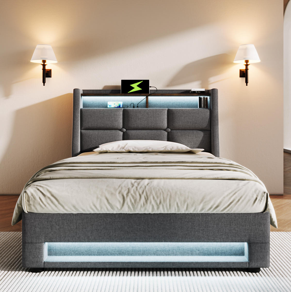 POLSTERBETT 90/200 cm Grau aus Leinen mit LED und USB - Grau, Textil (90/200cm) - OKMYHOME