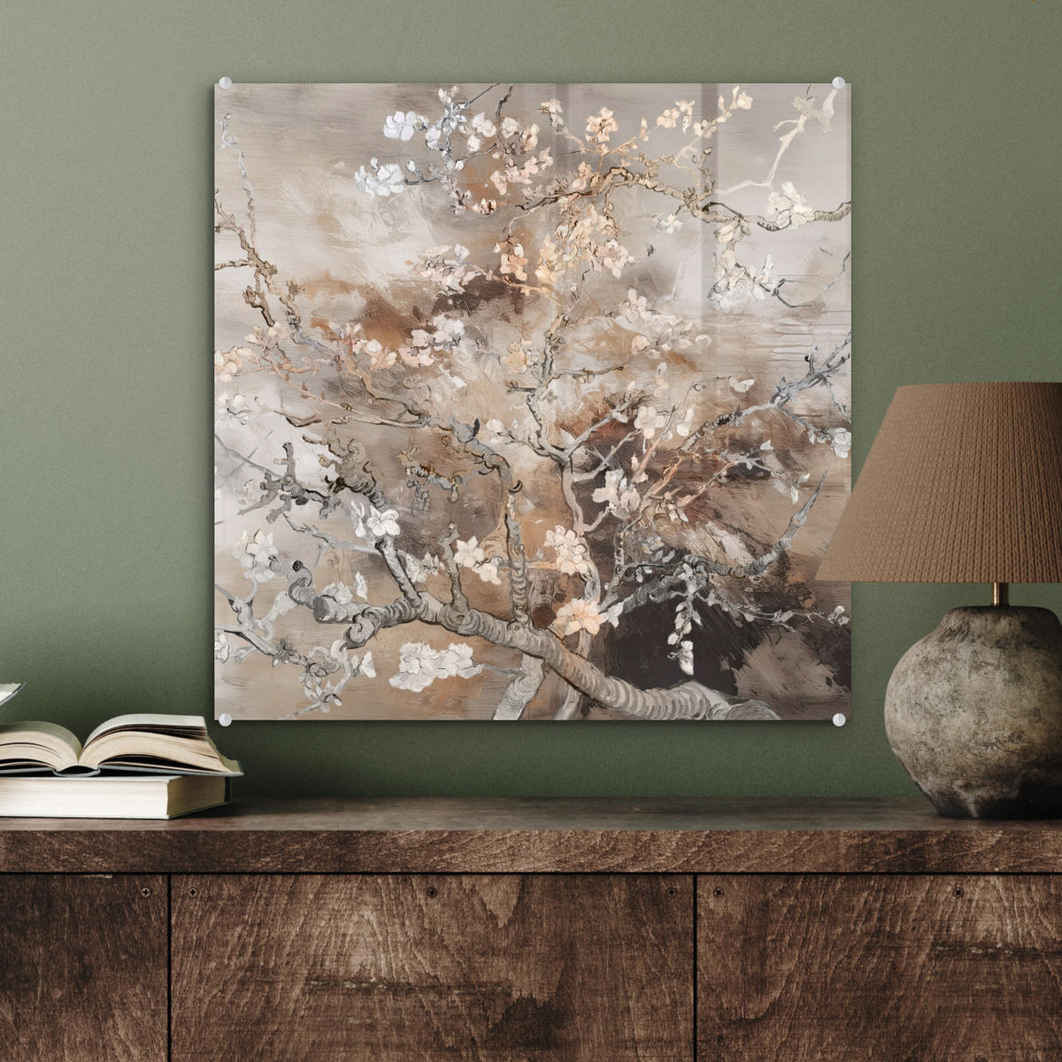 ACRYLGLASBILD Mandelblüte - Kunst - Van Gogh - Beige - Abstrakt 50x50 cm - Braun, Glas (50/50cm) - MuchoWow