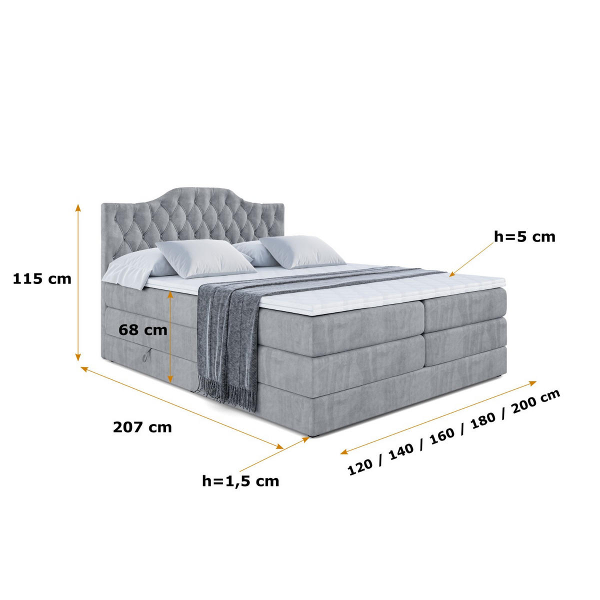 BOXSPRINGBETT VILA-1 KING - 180x200 - H3/H4 - Grau - Grau, Holzwerkstoff (180/200cm) - ALTDECOR
