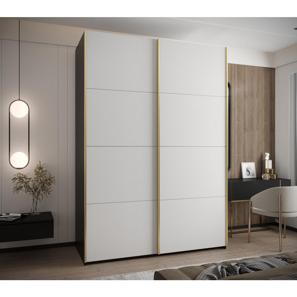 Thumbnail - Abiks Möbel Schwebetürenschrank, Schwarz, Weiß, Gold, Metall, Nachbildung, 10 Fächer, 170x245x64 cm, Schlafzimmer, Kleid...