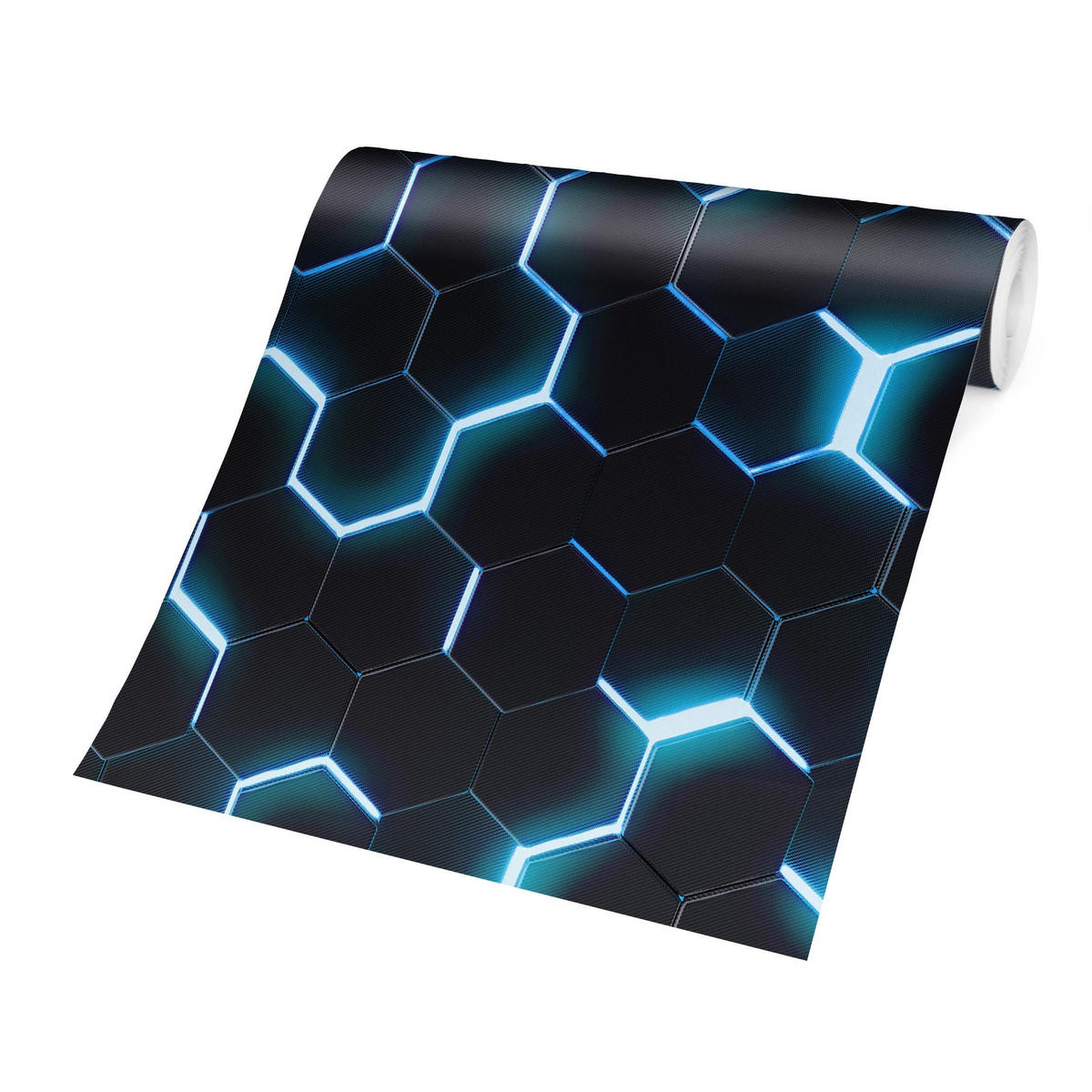 FOTOTAPETE Strukturierte Hexagone mit Neonlicht in Türkis 240/240 cm - Schwarz, Papier (240/240cm) - Bilderwelten