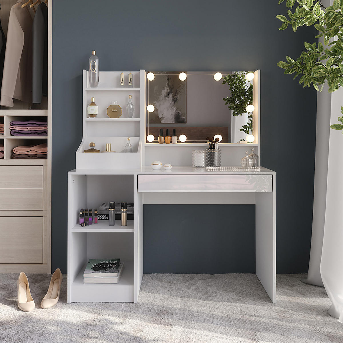 SCHMINKTISCH Sherry Weiß/Weiß Hochglanz 119.8 cm 4 Teile - Weiß Hochglanz, Holzwerkstoff (119.8/76/50.1cm) - Vicco