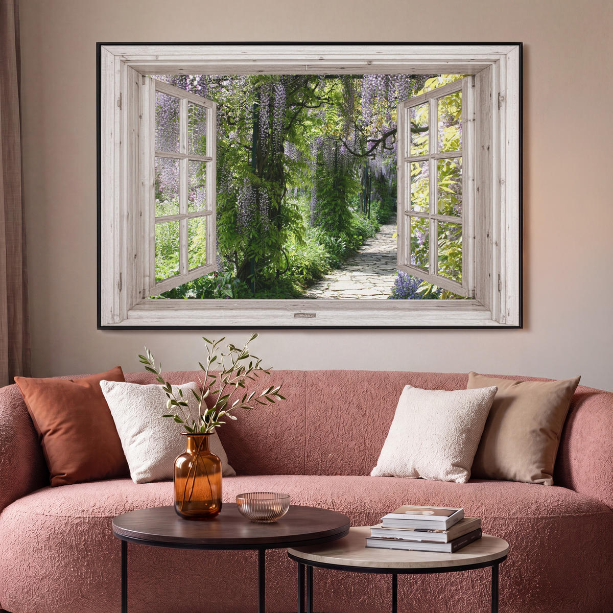 LEINWAND Bilder mit Rahmen - Blauer Regen - Blumen - Aussicht - Baum - Frühling - 150x100 - Grün, Textil (150/100cm) - MuchoWow