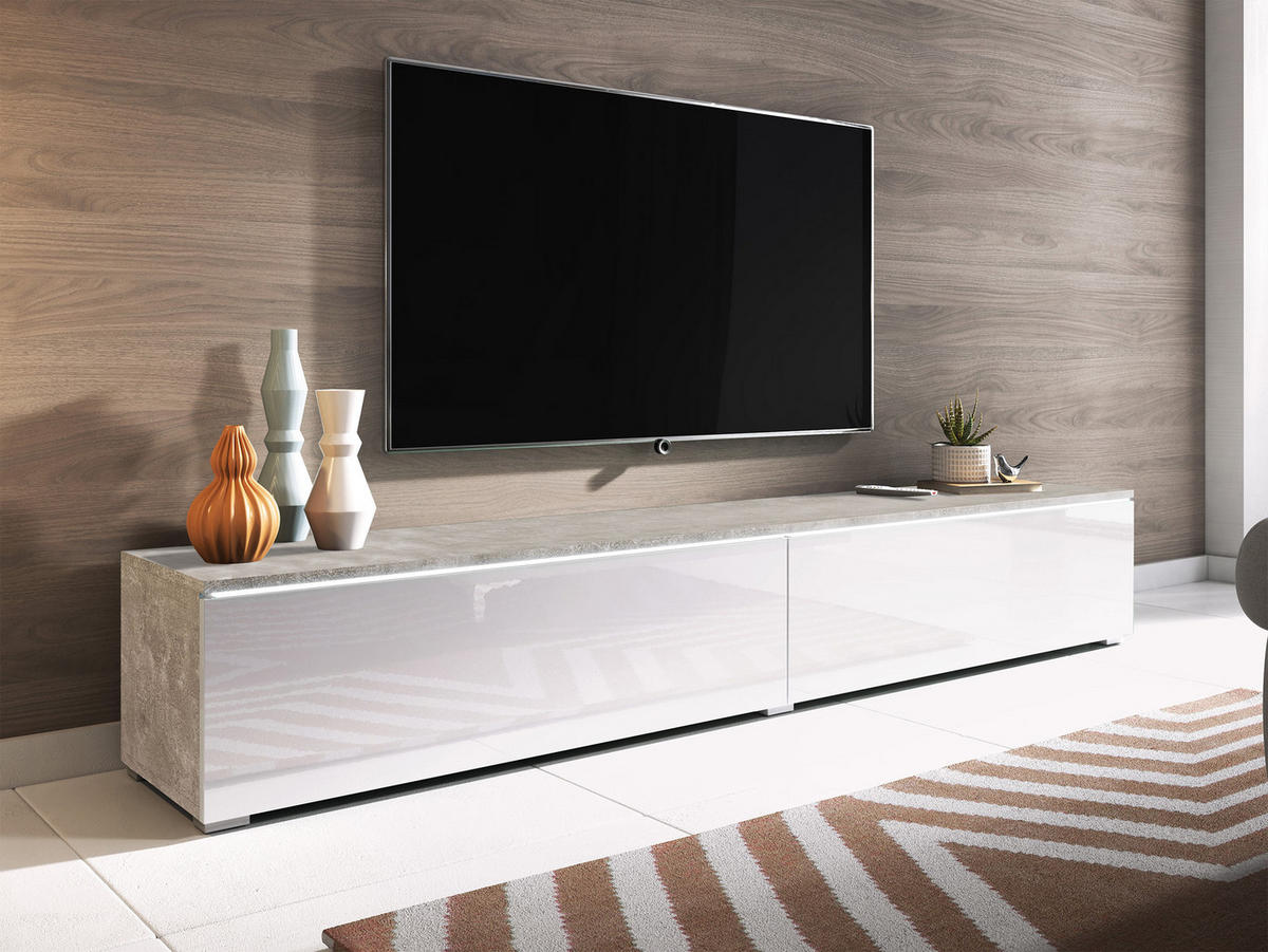 TV-LOWBOARD D180 mit weißer LED Beleuchtung - Weiß Hochglanz/Silberfarben, Holzwerkstoff/Kunststoff (180/30/33cm) - MIRJAN24