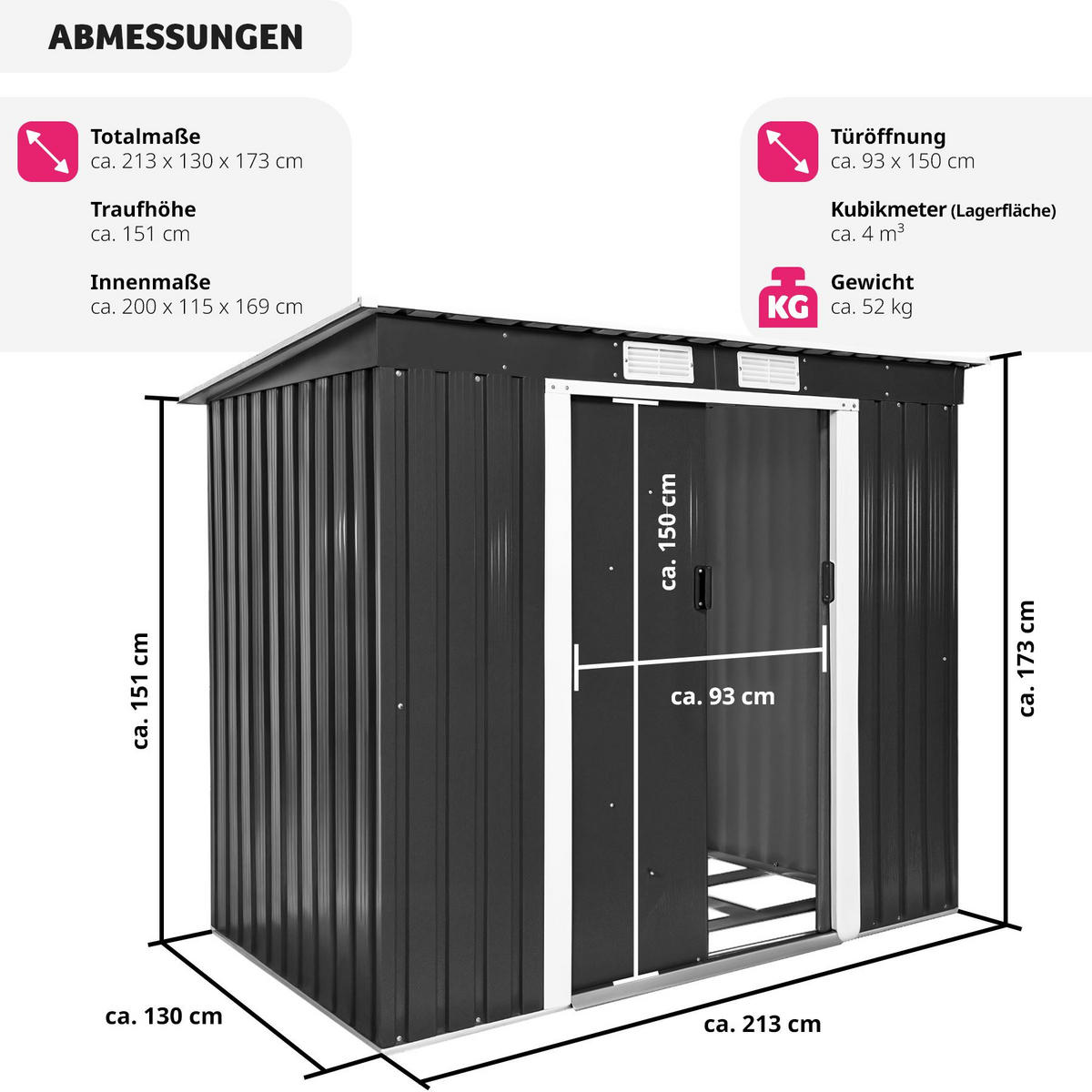 GARTENHAUS mit Pultdach, 213 x 130 x 173 cm,grau/weiß - Weiß/Grau, Metall (130/173/213cm) - tectake