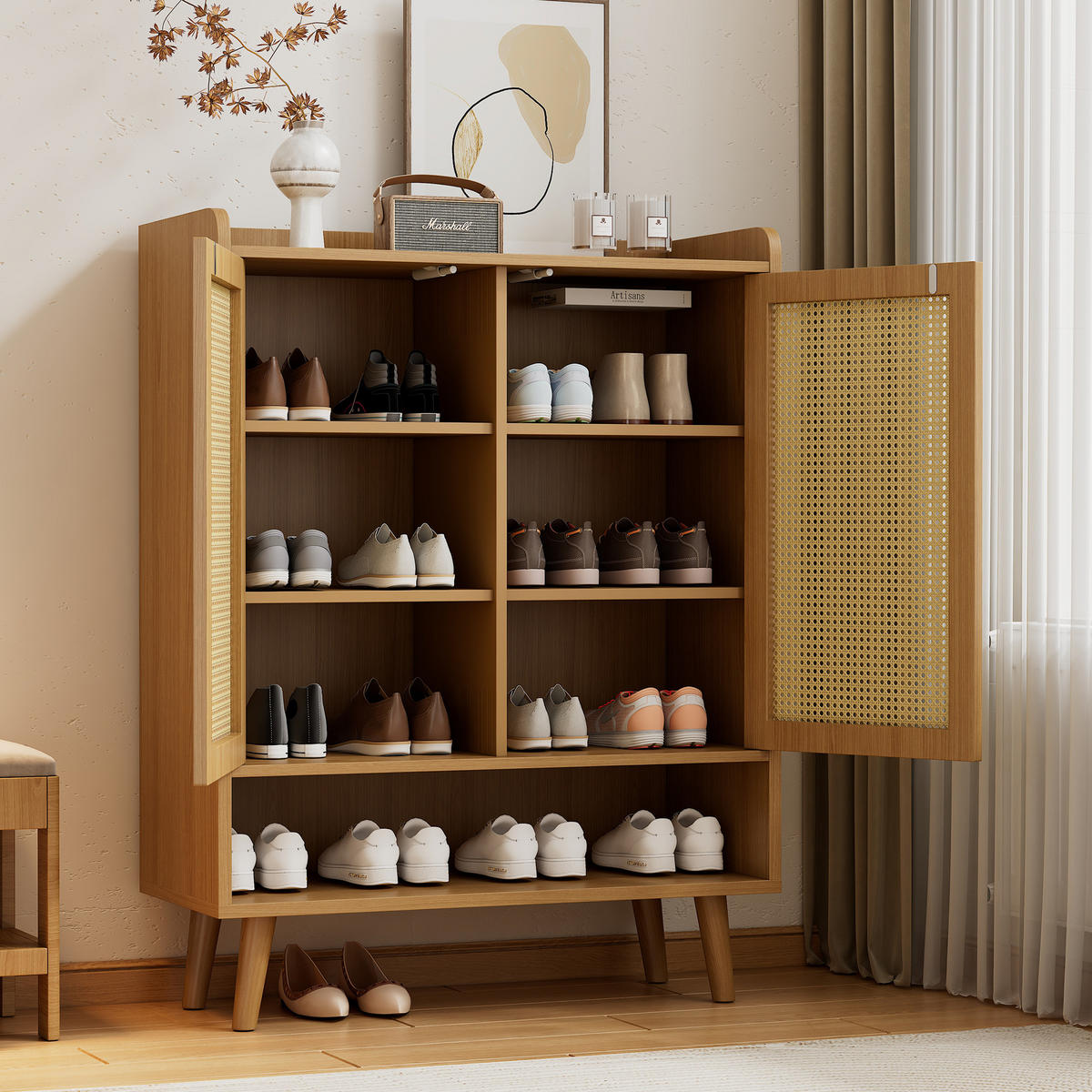 SCHUHSCHRANK 80/35/105 cm mit 2 Türen, 5 Böden und Push-to-Open in Eiche - Naturfarben, Holzwerkstoff (80/105/35cm) - BEAOK