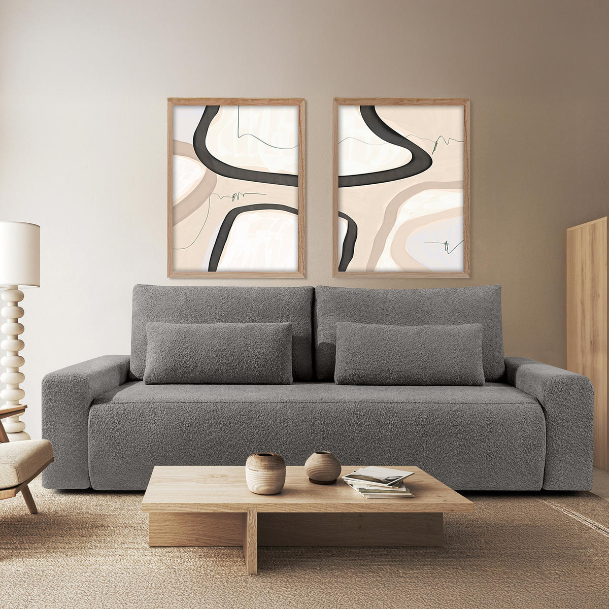 3-SITZER SCHLAFSOFA MOLLIS, Bouclé, Dunkelgrau - Dunkelgrau, Holz/Holzwerkstoff (250/93/108cm) - KONSIMO®