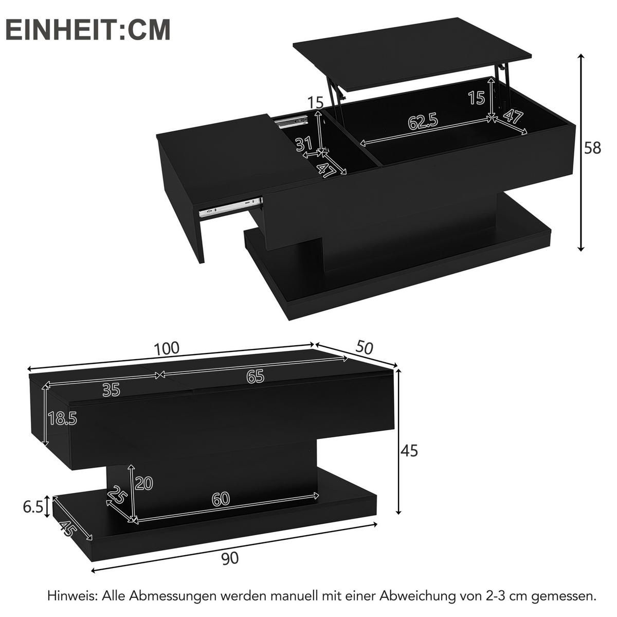 COUCHTISCH 100/50/45 cm in Schwarz mit LED-Beleuchtung und Hochglanz - Schwarz, Holzwerkstoff (100/50/45cm) - Flora Grace