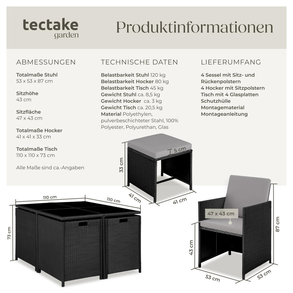 RATTAN SITZGRUPPE Bilbao,zusammenschiebbar, inklusive Schutzhülle,schwarz/grau - Schwarz/Grau, Kunststoff - tectake