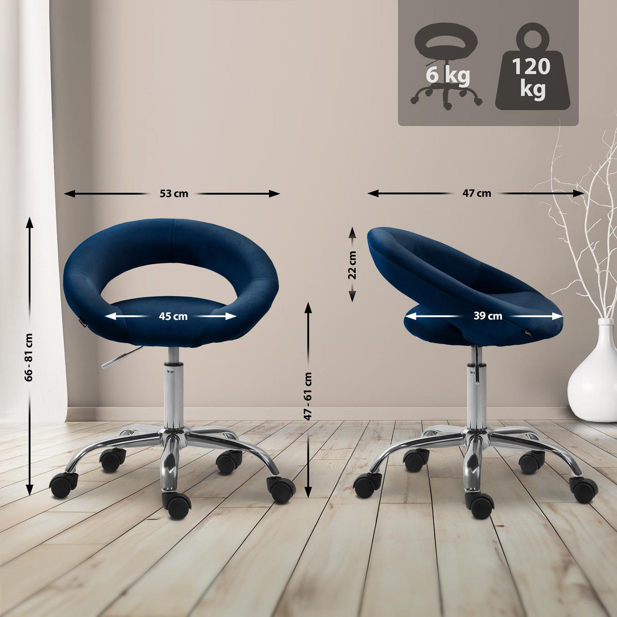 HOCKER Samt blau - Blau, Textil/Metall (53/66/47cm) - CLP